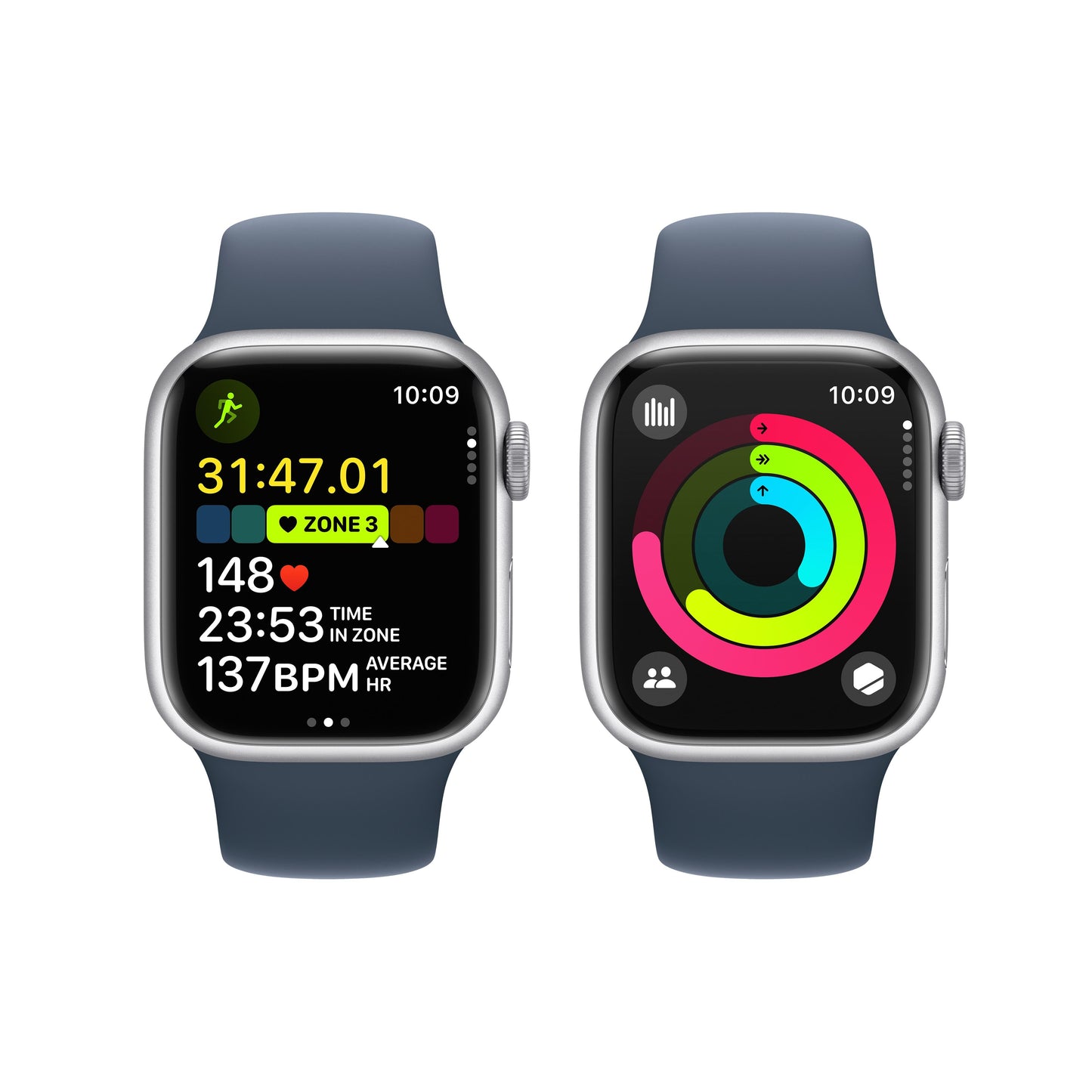 Apple Watch Series 9 GPS + Cellular 41mm Silver Aluminium Case with Storm Blue Sport Band - S/M
